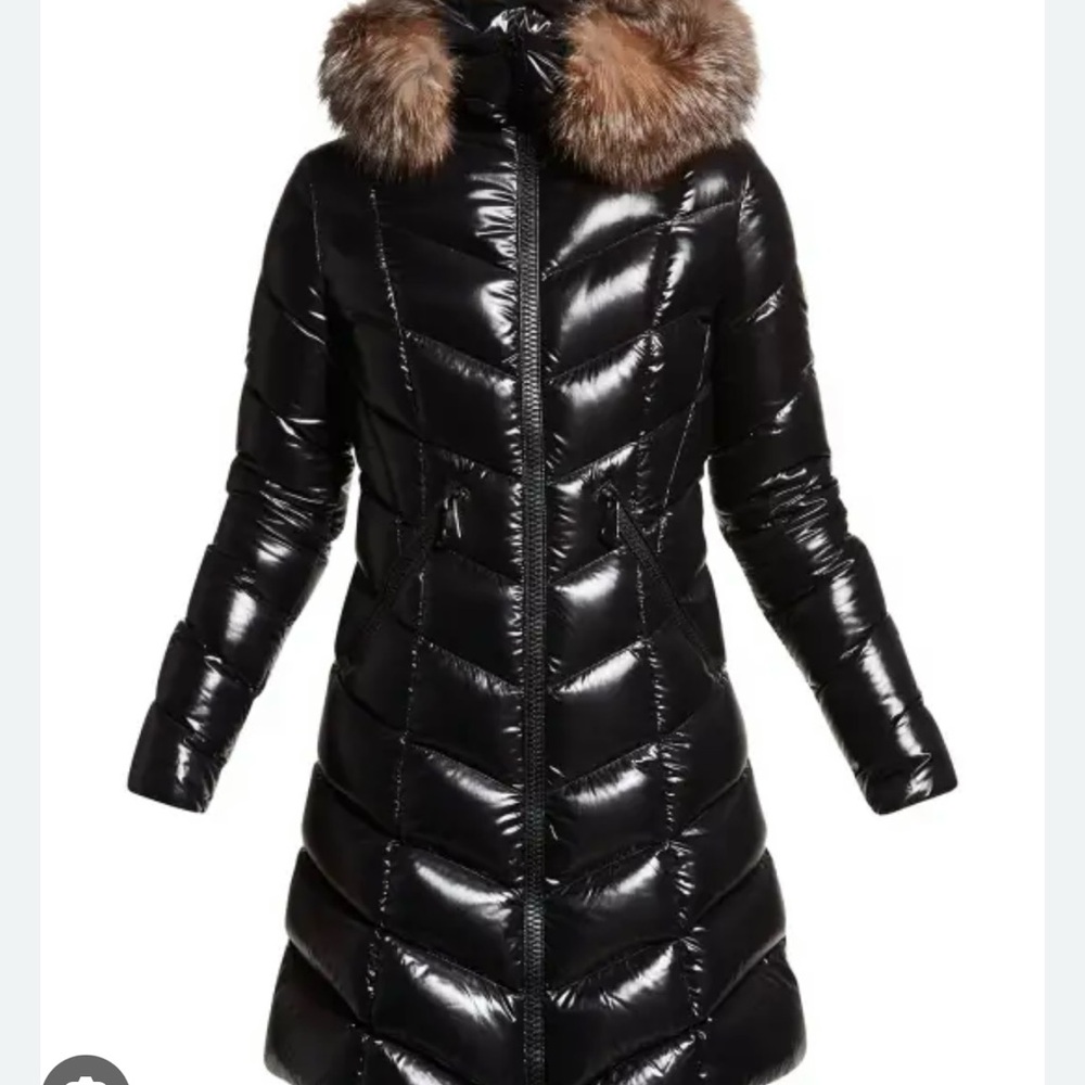 Moncler Glossy Black Puffer Jacket with Fur Collar